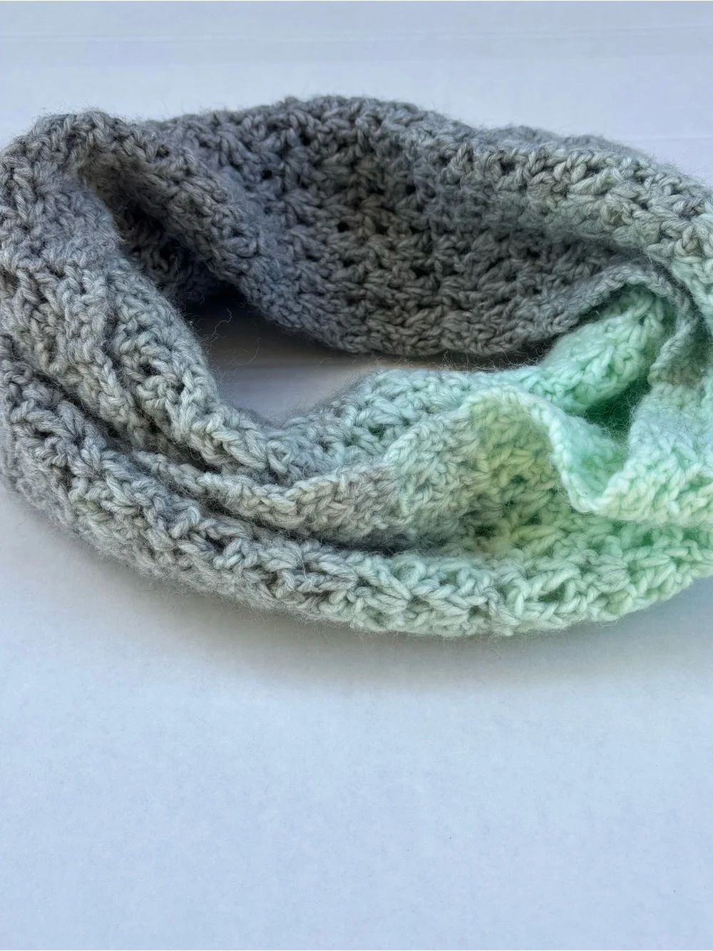 Handknit Handmade Infinity Scarf Gray and Aqua Green Ombré Beautiful!